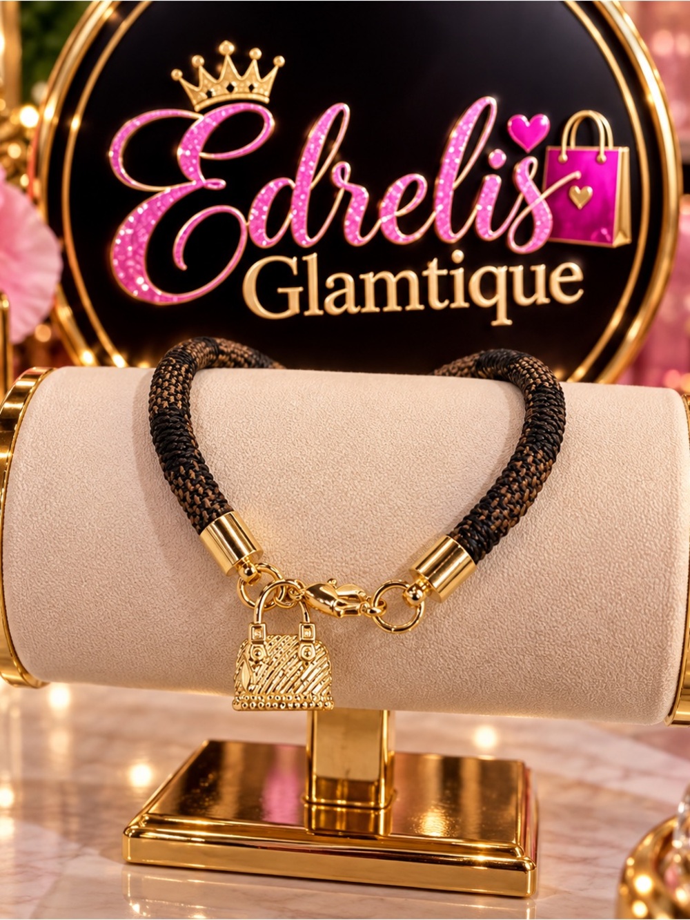 Black and Gold Braided Charm Bracelet
